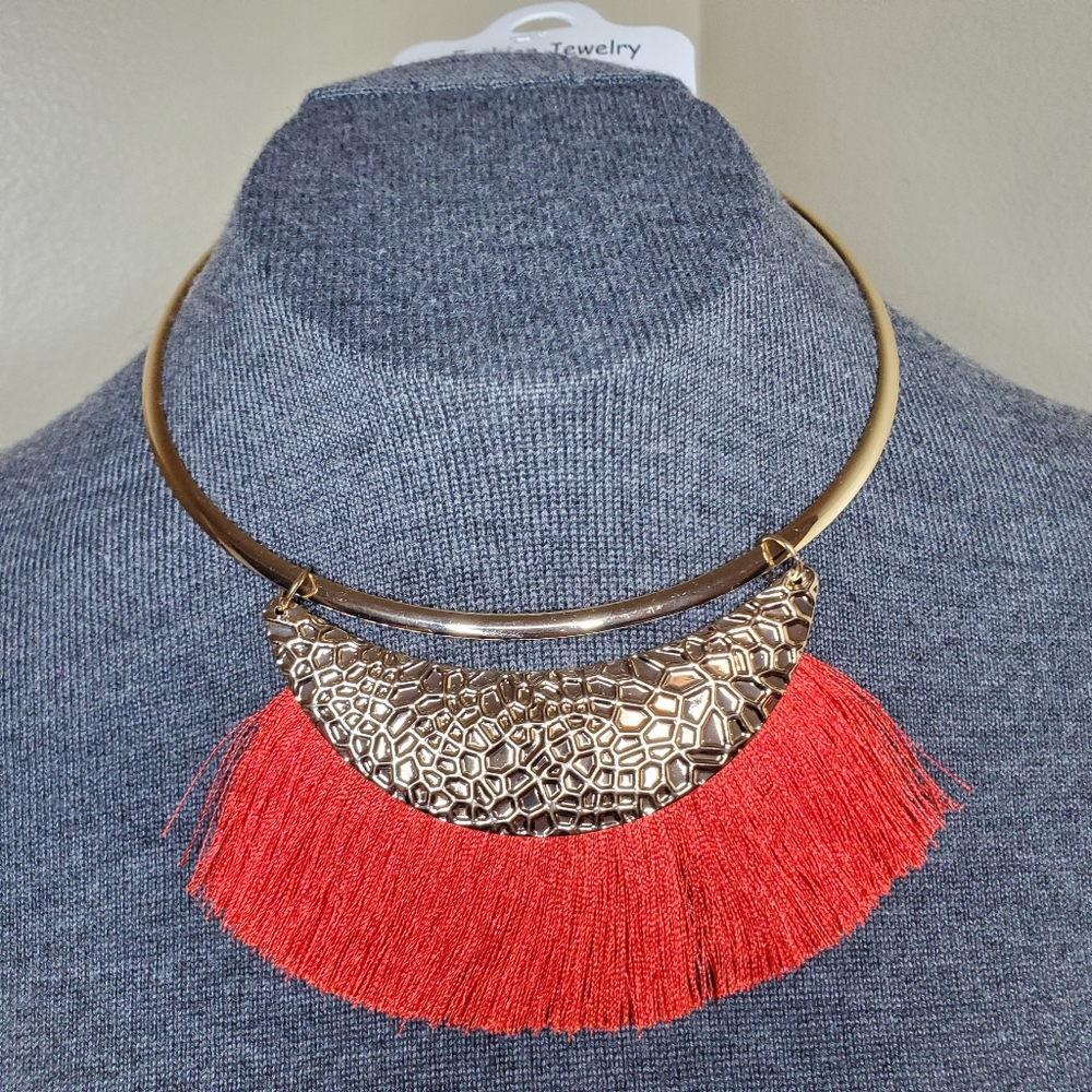 Gold/Red Shiny Fabric Tassel Necklace